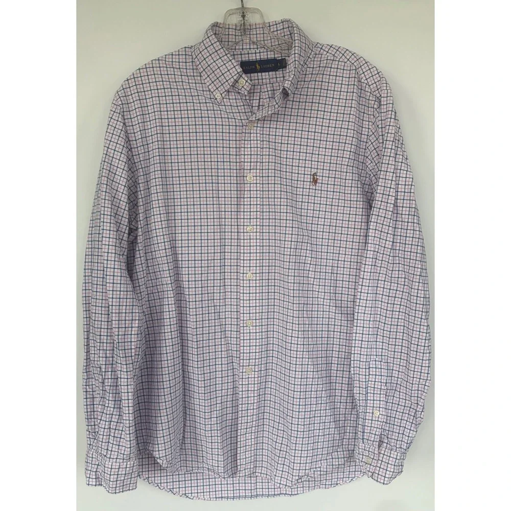 Polo Ralph Lauren Mens L Blue Pink Check Cotton Button Down Long Sleeve Shirt